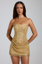 Chic Embellished Bandeau A-Line Mini Dress in Gold