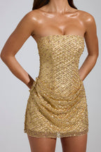 Chic Embellished Bandeau A-Line Mini Dress in Gold
