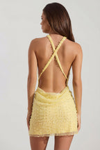 Chic Embellished Cowl-Neck Backless Mini Dress in Limoncello