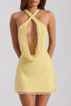 Chic Embellished Cowl-Neck Backless Mini Dress in Limoncello