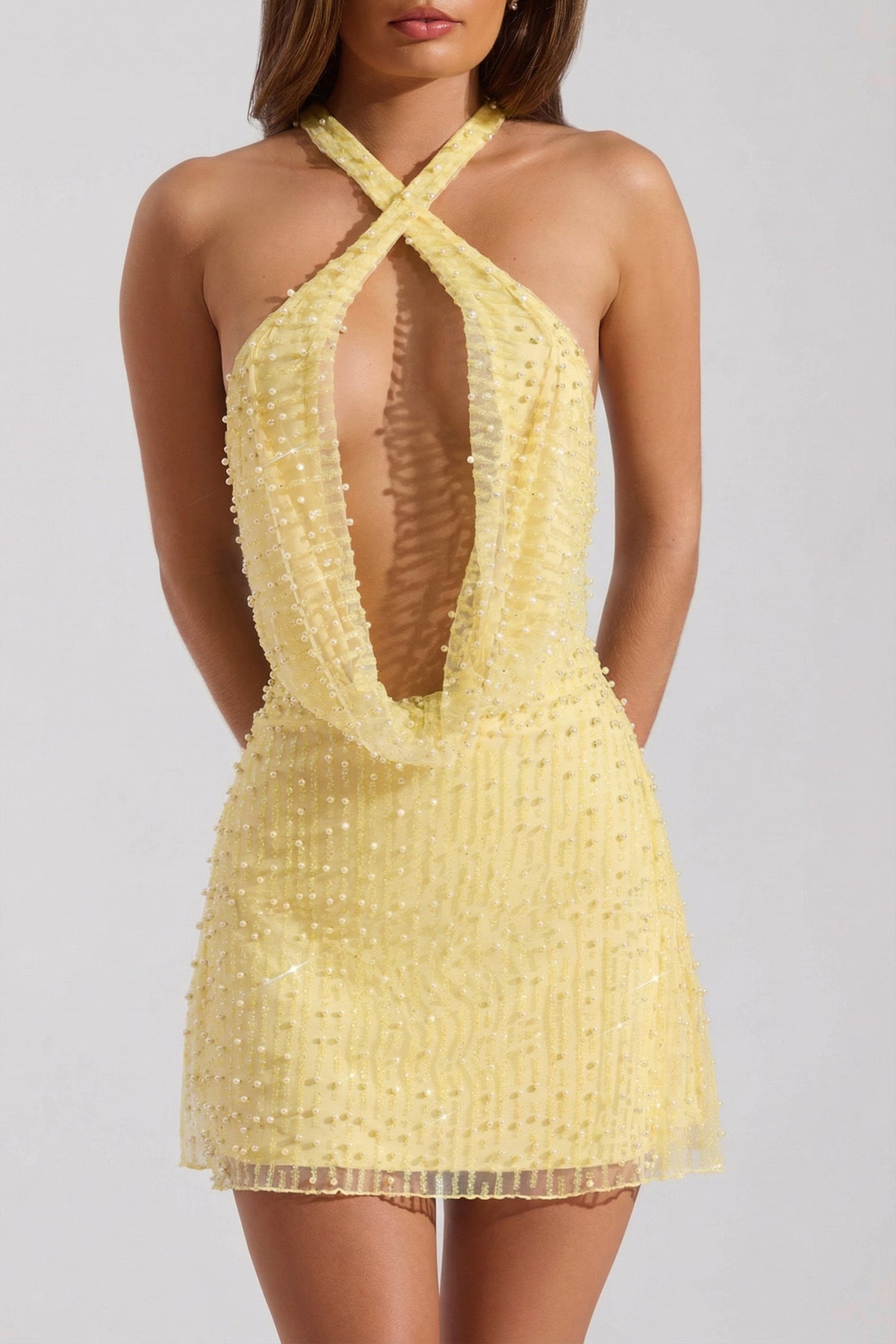 Chic Embellished Cowl-Neck Backless Mini Dress in Limoncello