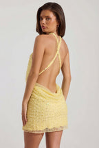 Chic Embellished Cowl-Neck Backless Mini Dress in Limoncello