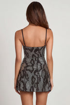 Chic Embellished Cowl Neck A-line Mini Dress in Silver Snake