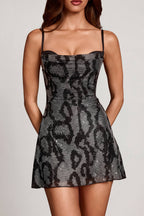 Chic Embellished Cowl Neck A-line Mini Dress in Silver Snake