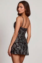Chic Embellished Cowl Neck A-line Mini Dress in Silver Snake