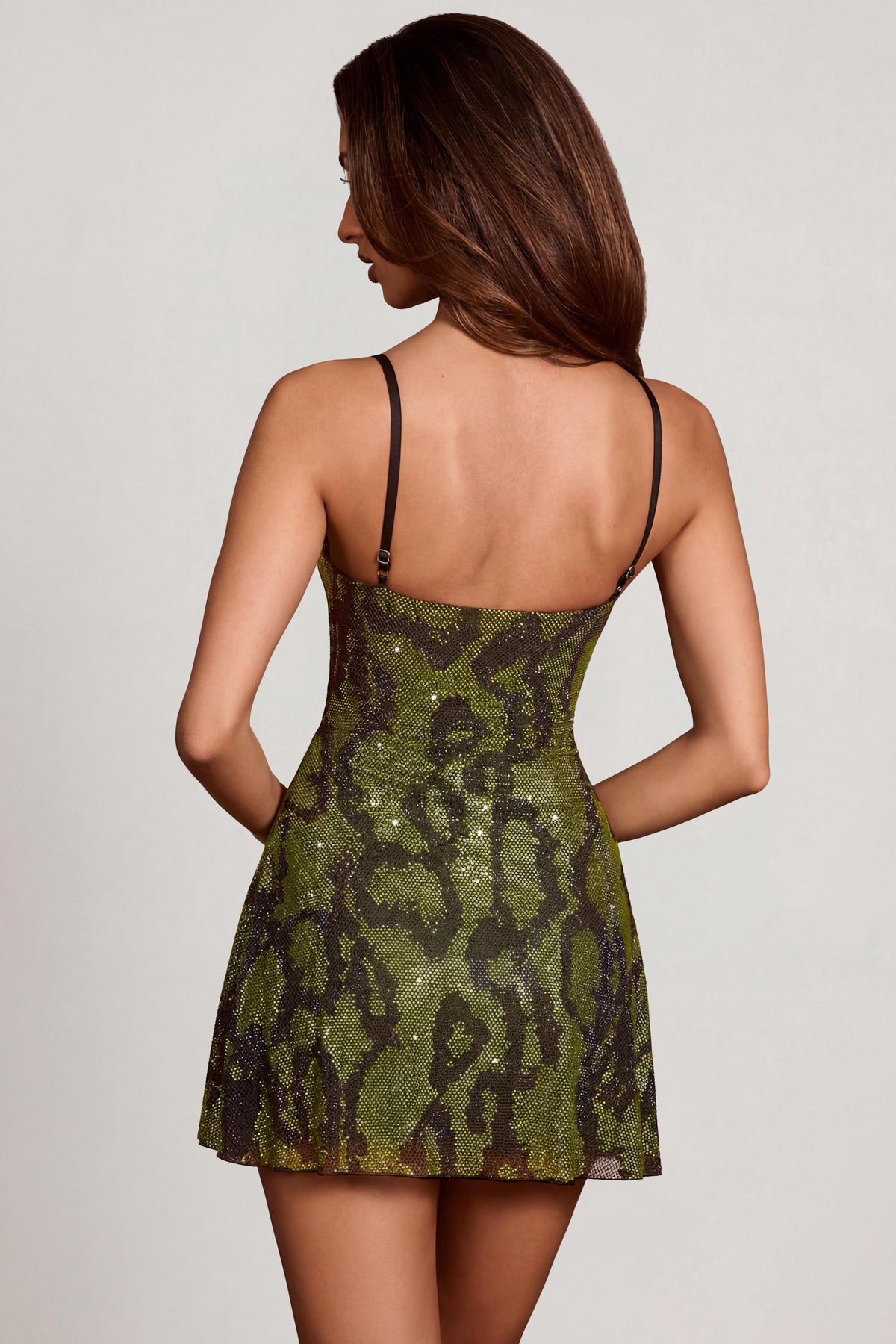 Chic Embellished Cowl Neck A-line Mini Dress in Green Snake