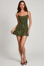 Chic Embellished Cowl Neck A-line Mini Dress in Green Snake