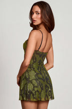 Chic Embellished Cowl Neck A-line Mini Dress in Green Snake