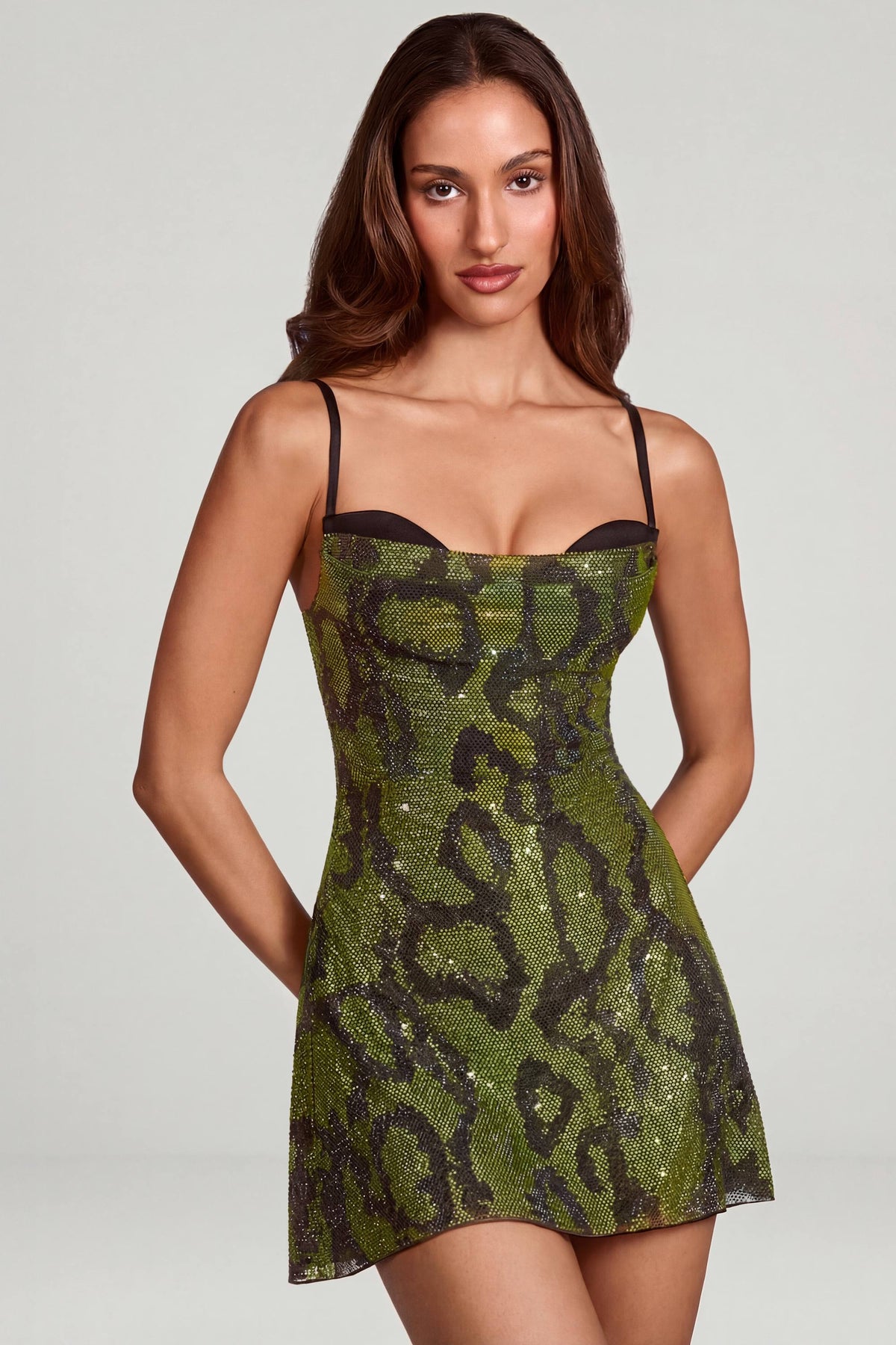 Chic Embellished Cowl Neck A-line Mini Dress in Green Snake