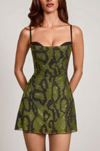 Chic Embellished Cowl Neck A-line Mini Dress in Green Snake