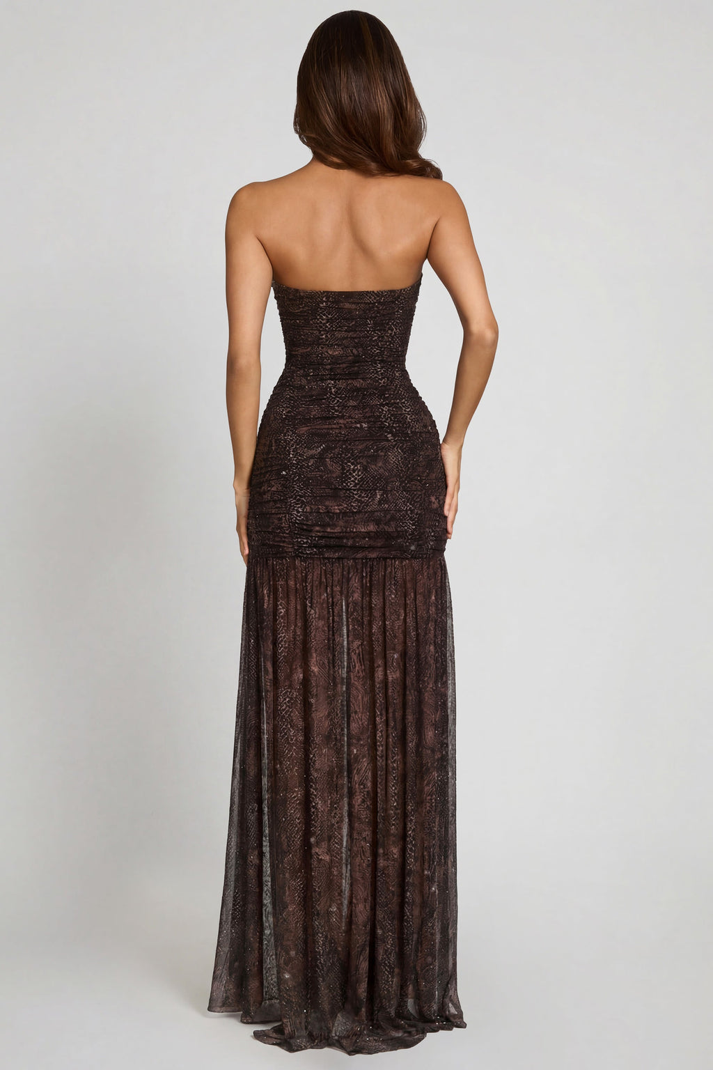 Chic Embellished Bandeau Gathered Maxi Dress in Snake Hotfix