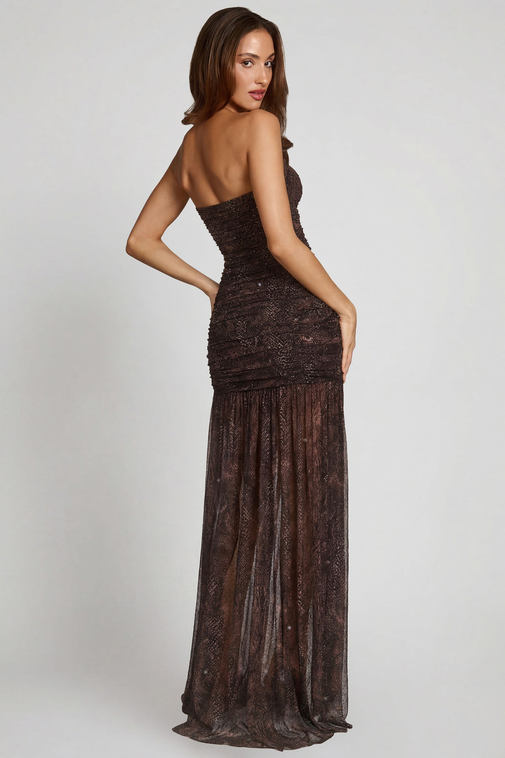 Chic Embellished Bandeau Gathered Maxi Dress in Snake Hotfix