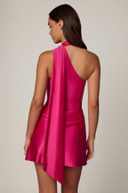 Chic Asymmetric Scarf-Detail Mini Dress in Hot Pink