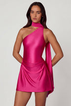 Chic Asymmetric Scarf-Detail Mini Dress in Hot Pink