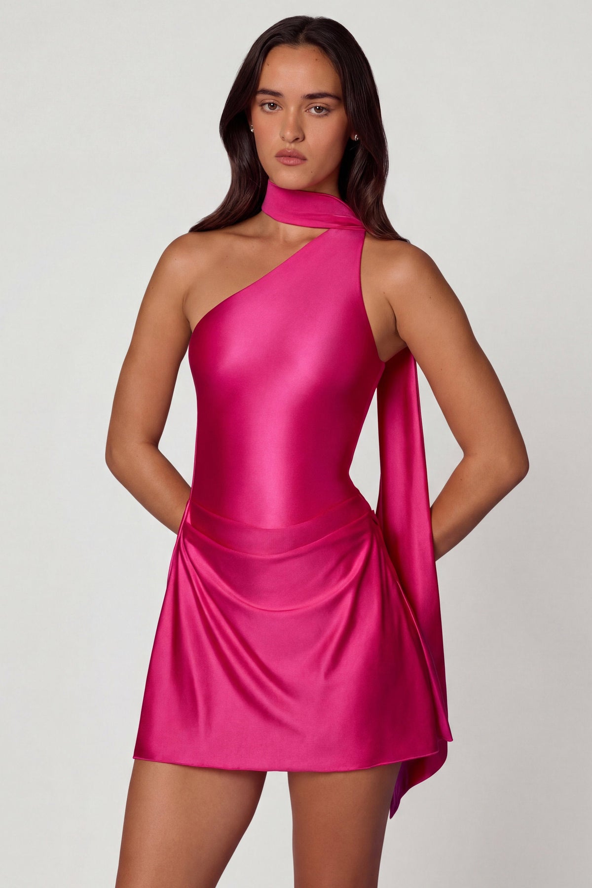 Chic Asymmetric Scarf-Detail Mini Dress in Hot Pink