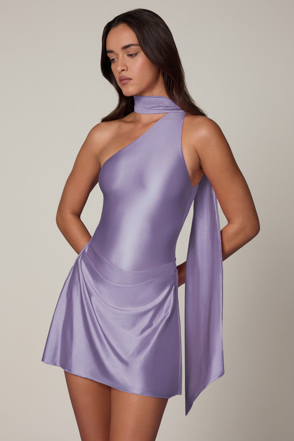 Chic Asymmetric Scarf-Detail Mini Dress in Lilac
