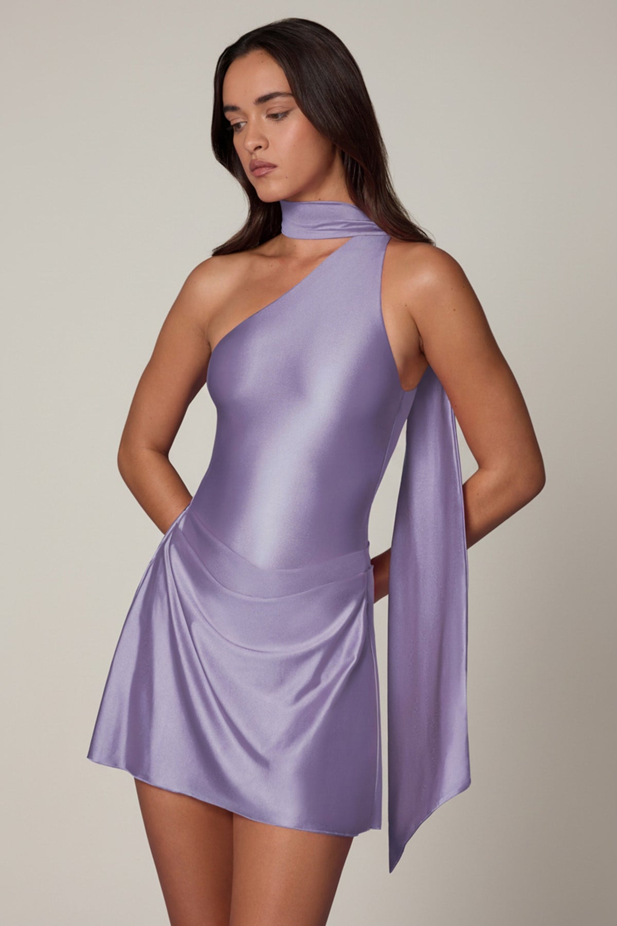 Chic Asymmetric Scarf-Detail Mini Dress in Lilac