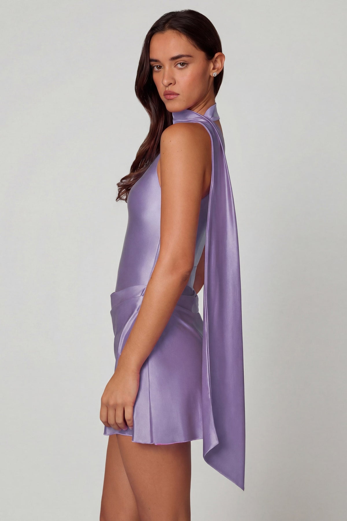 Chic Asymmetric Scarf-Detail Mini Dress in Lilac