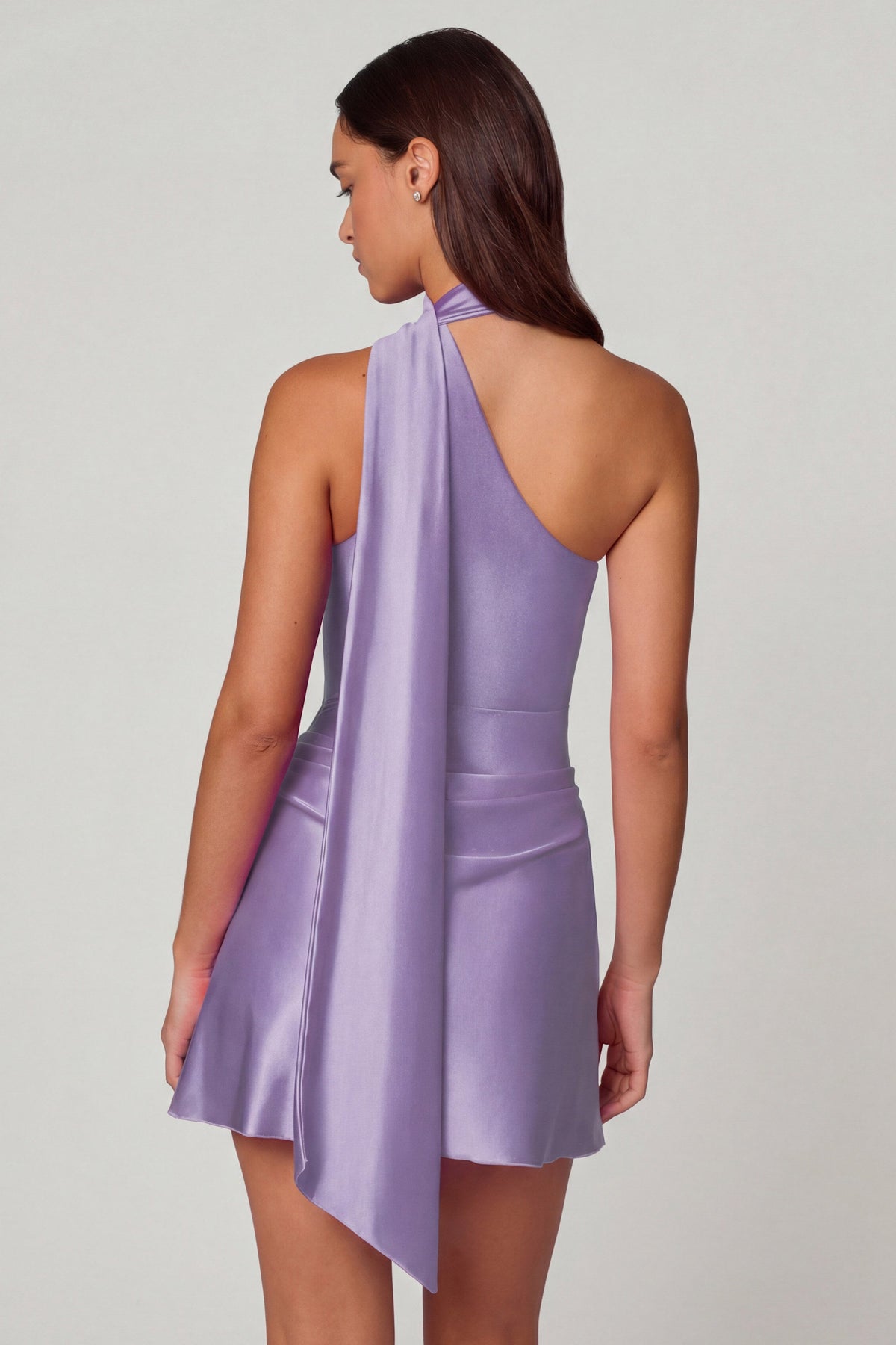Chic Asymmetric Scarf-Detail Mini Dress in Lilac