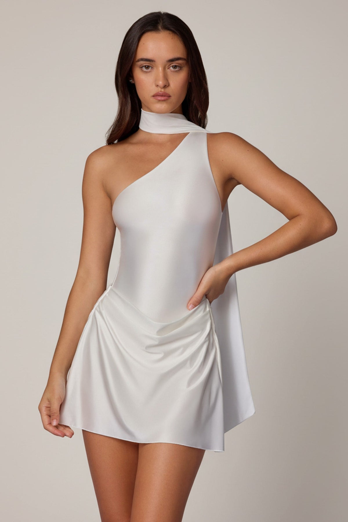 Chic Asymmetric Scarf-Detail Mini Dress in White