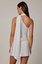 Chic Asymmetric Scarf-Detail Mini Dress in White