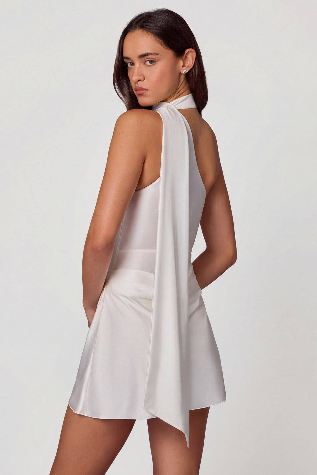 Chic Asymmetric Scarf-Detail Mini Dress in White