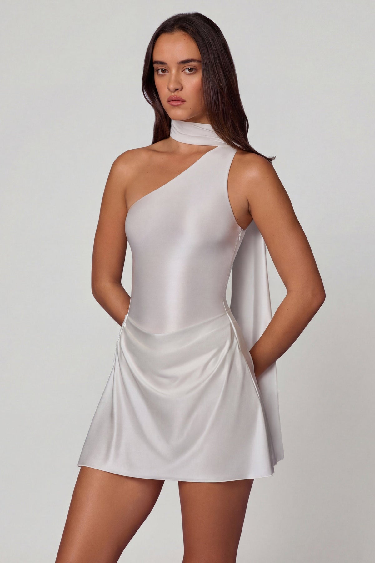 Chic Asymmetric Scarf-Detail Mini Dress in White