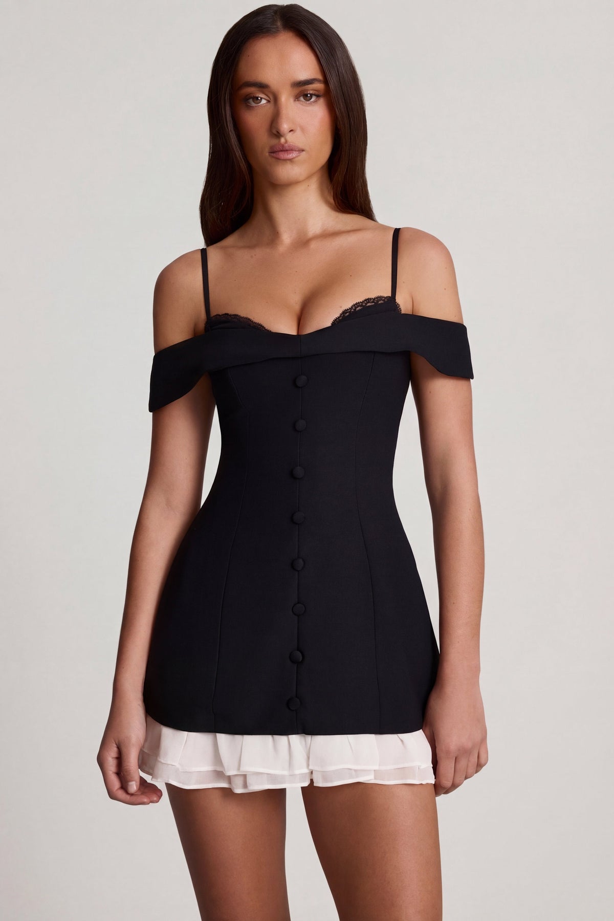 Chic Off-Shoulder Ruffle A-Line Mini Dress in Black