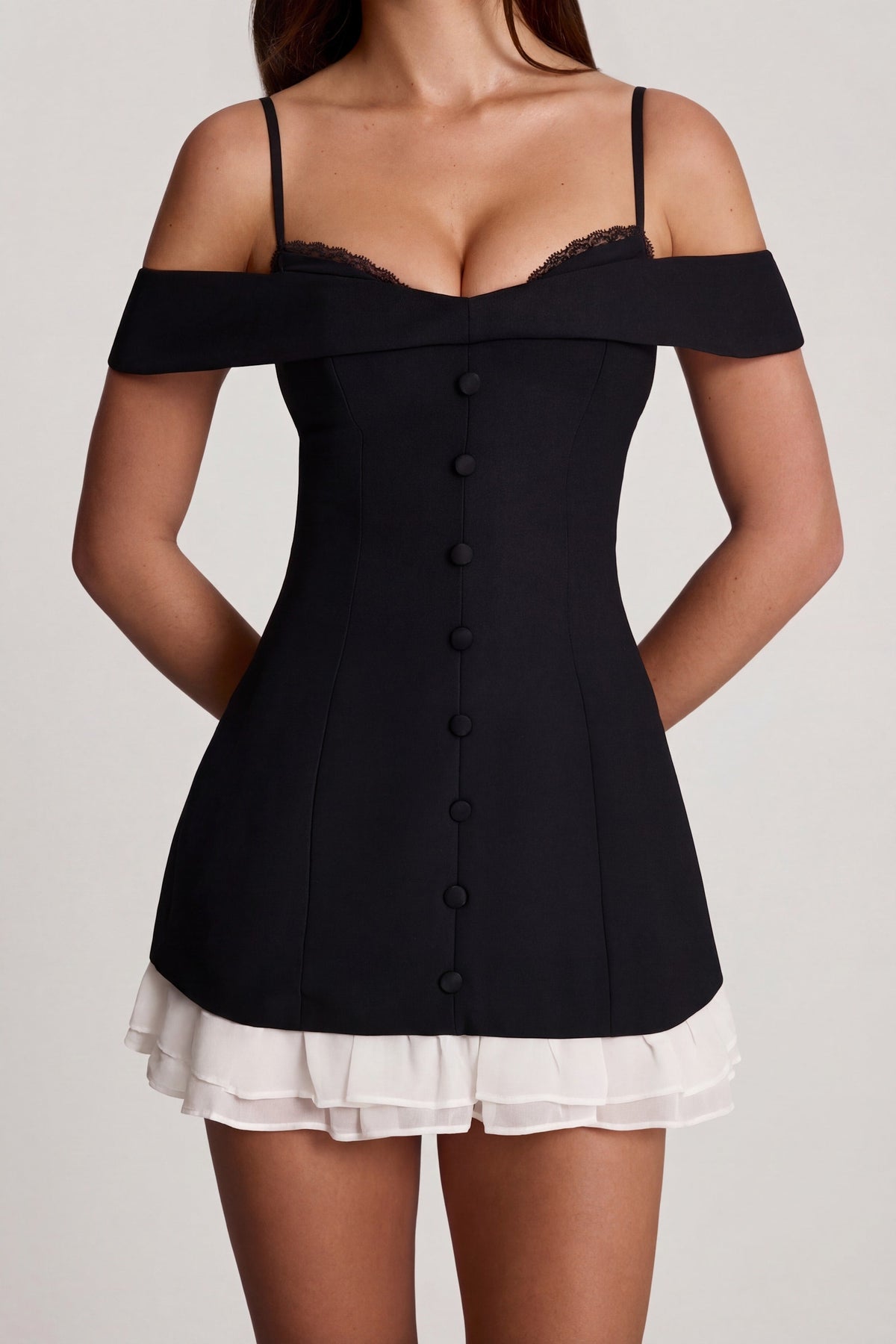 Chic Off-Shoulder Ruffle A-Line Mini Dress in Black