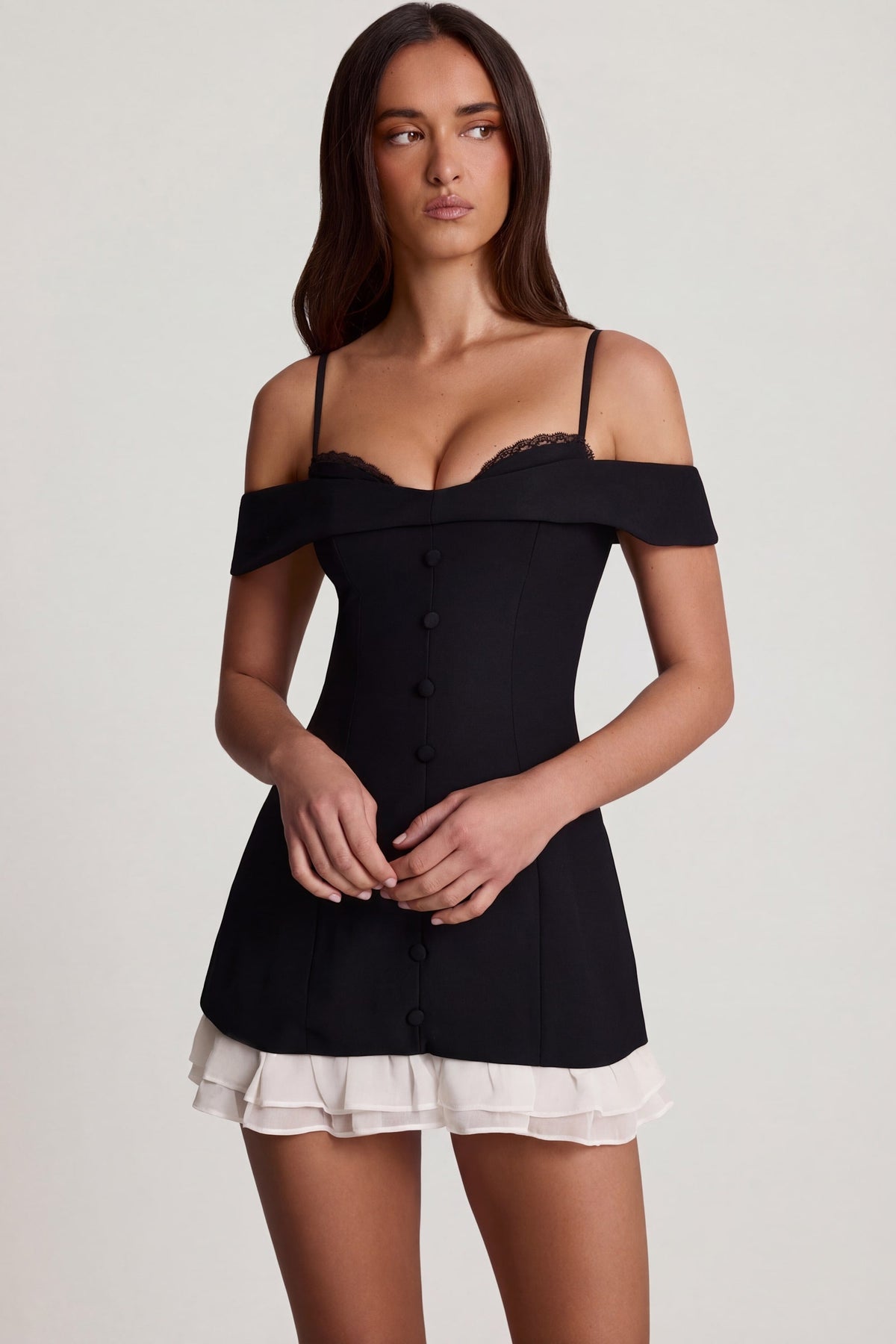 Chic Off-Shoulder Ruffle A-Line Mini Dress in Black