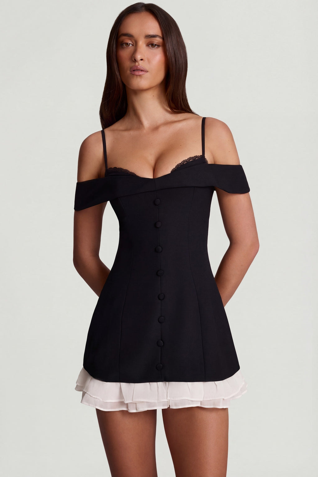 Chic Off-Shoulder Ruffle A-Line Mini Dress in Black