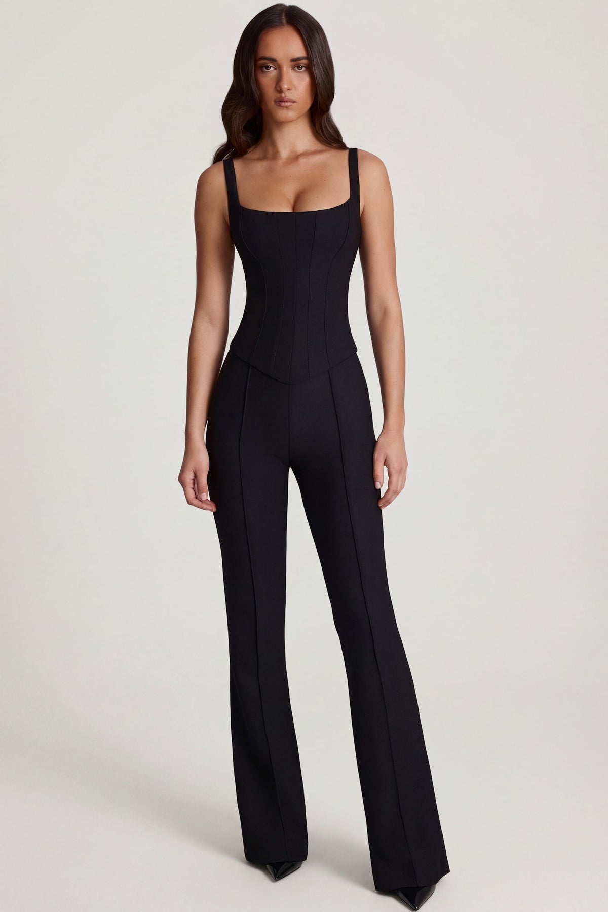 Chic Scoop-Neck Corset Flared Leg Jumpsuit in Black