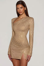 Chic Embellished Asymmetric Bodycon Mini Dress in Gold
