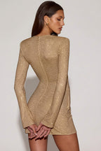 Chic Embellished Asymmetric Bodycon Mini Dress in Gold