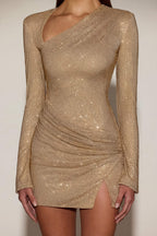Chic Embellished Asymmetric Bodycon Mini Dress in Gold