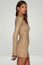 Chic Embellished Asymmetric Bodycon Mini Dress in Gold