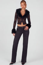 Chic Sheer Lace Faux-Fur-Trim Cardigan in Black