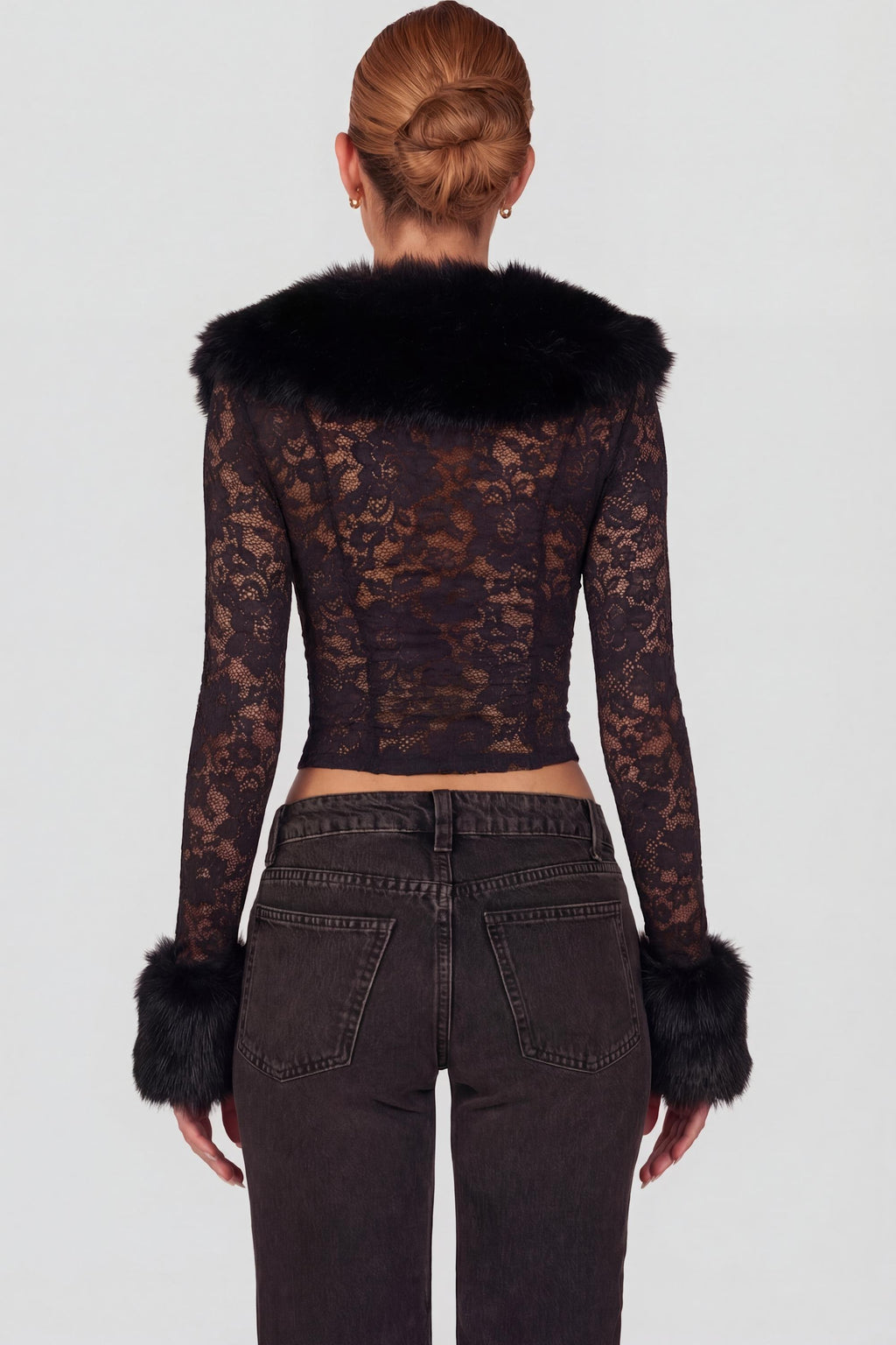 Chic Sheer Lace Faux-Fur-Trim Cardigan in Black