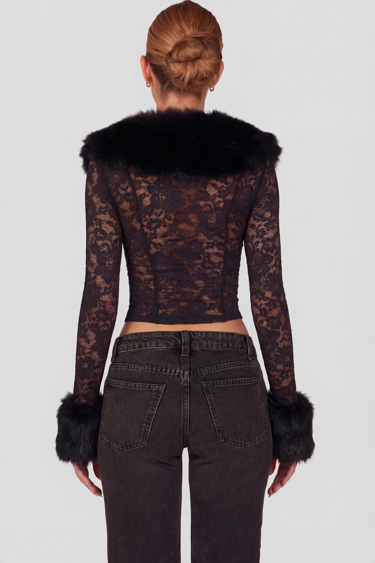 Chic Sheer Lace Faux-Fur-Trim Cardigan in Black