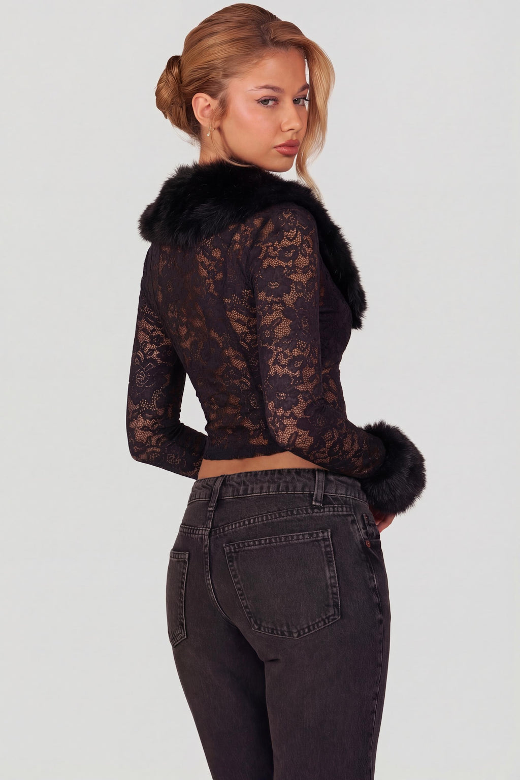 Chic Sheer Lace Faux-Fur-Trim Cardigan in Black