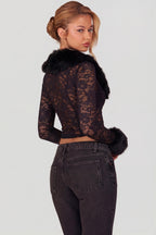 Chic Sheer Lace Faux-Fur-Trim Cardigan in Black