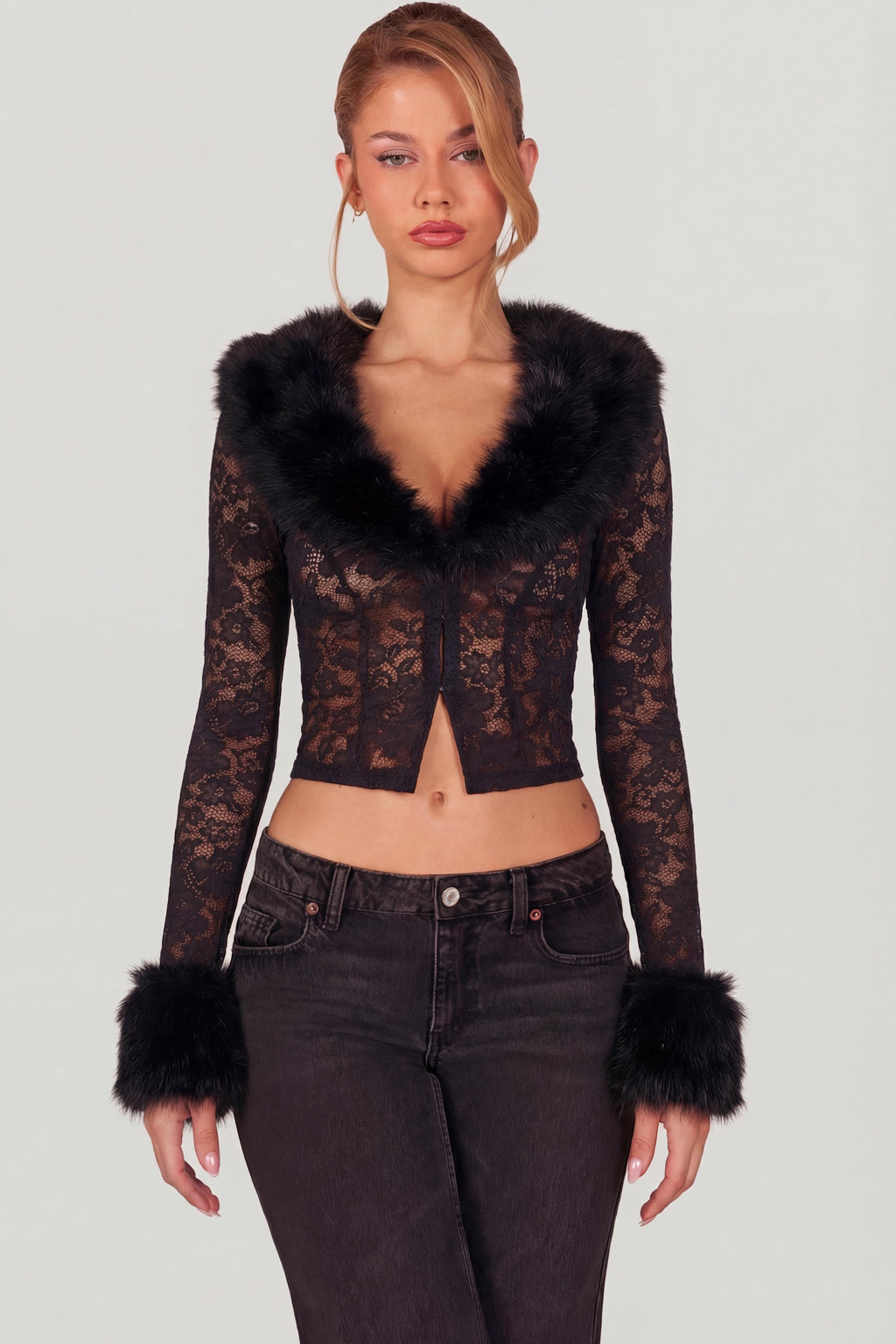 Chic Sheer Lace Faux-Fur-Trim Cardigan in Black