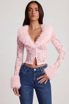 Chic Sheer Lace Faux-Fur-Trim Cardigan in Pink