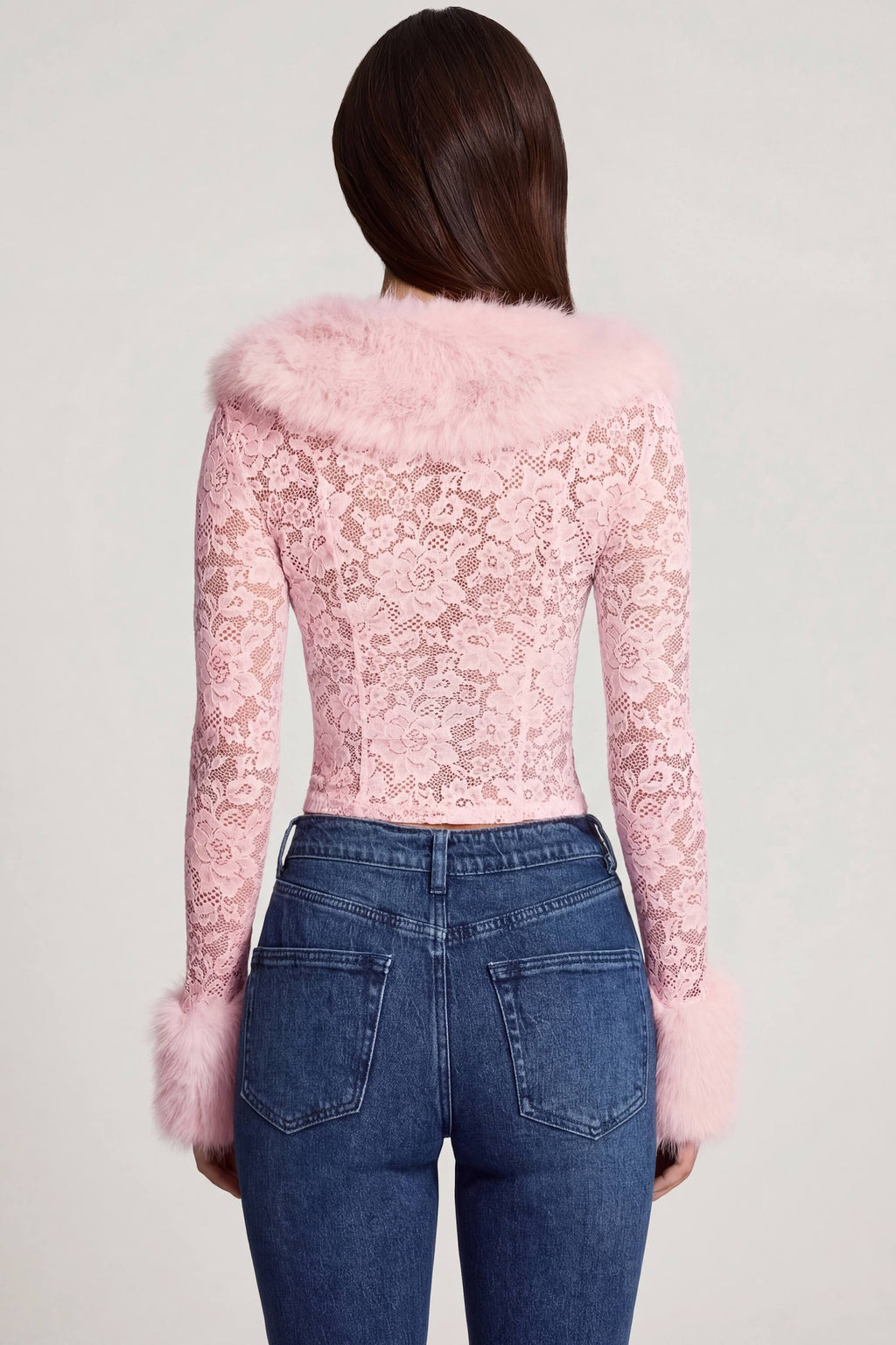 Chic Sheer Lace Faux-Fur-Trim Cardigan in Pink