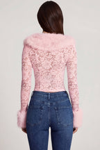 Chic Sheer Lace Faux-Fur-Trim Cardigan in Pink