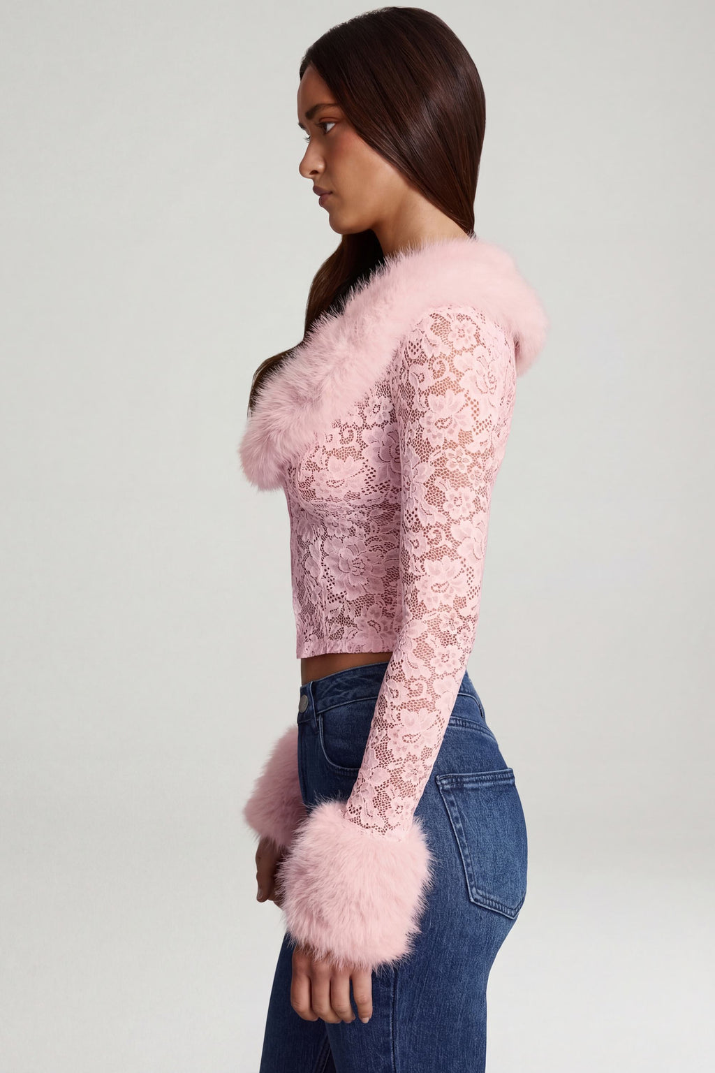 Chic Sheer Lace Faux-Fur-Trim Cardigan in Pink