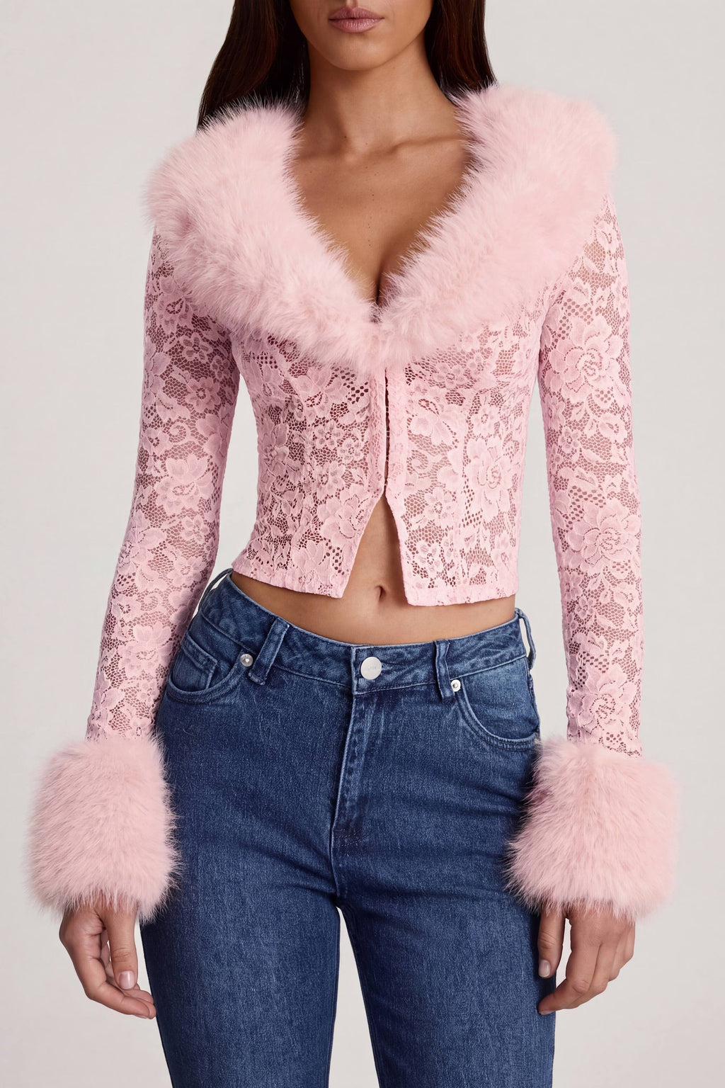 Chic Sheer Lace Faux-Fur-Trim Cardigan in Pink