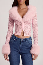 Chic Sheer Lace Faux-Fur-Trim Cardigan in Pink