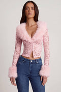 Chic Sheer Lace Faux-Fur-Trim Cardigan in Pink