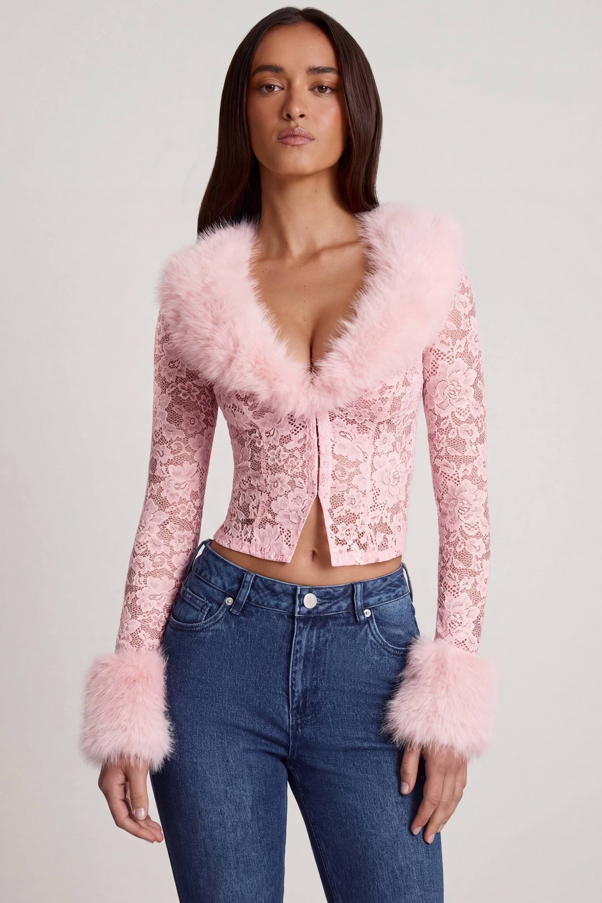 Chic Sheer Lace Faux-Fur-Trim Cardigan in Pink